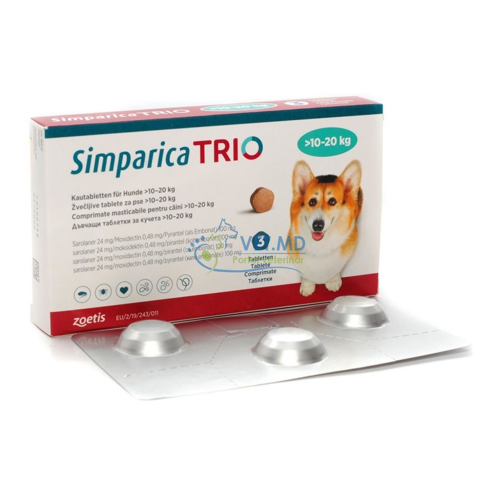 Simparica Trio 24 mg, 10,1-20 kg, 1 tabletă